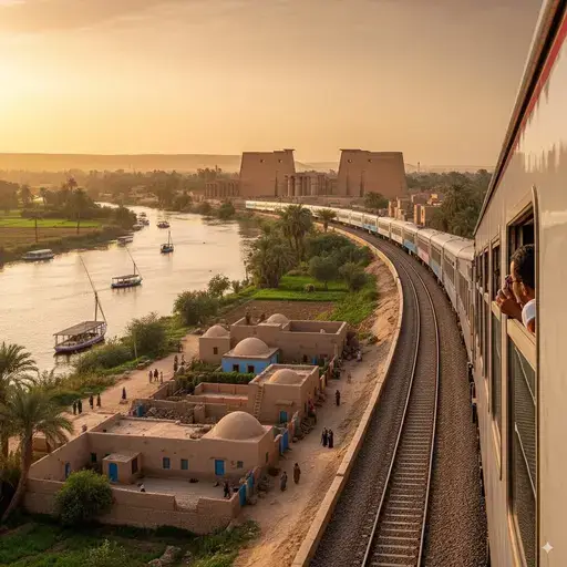 Train route from Cairo to Luxor showcasing the Nile River, Karnak Temple complex, and traditional Egyptian architecture along the tracks
